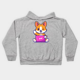 Cute Corgi Dog Working On Laptop Cartoon Kids Hoodie